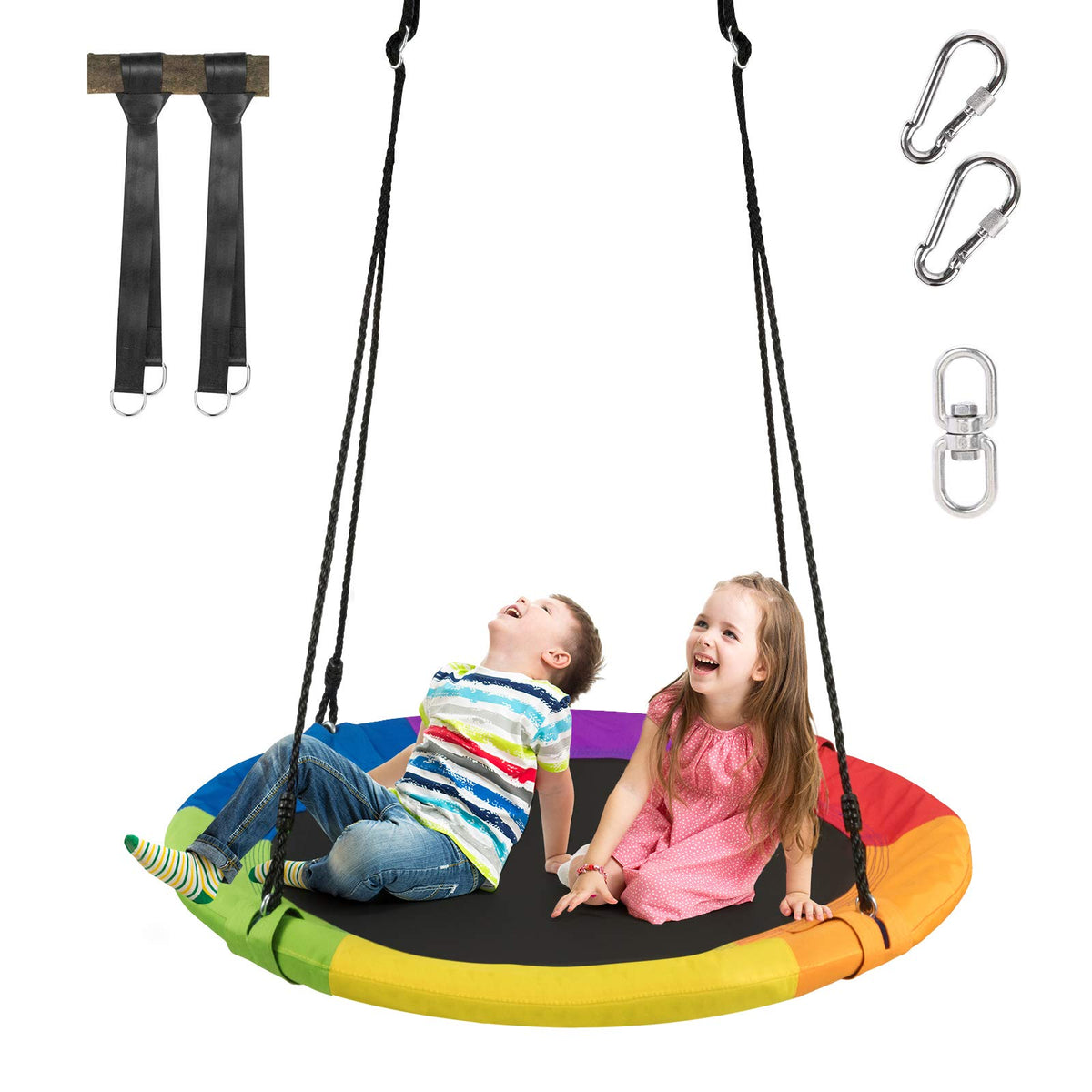 102CM Kids Tree Swing Saucer, Strengthen Hanging Tree Swing w/ Multi-ply Rope & 2 Tree Hanging Straps(Strengthen Colorful)