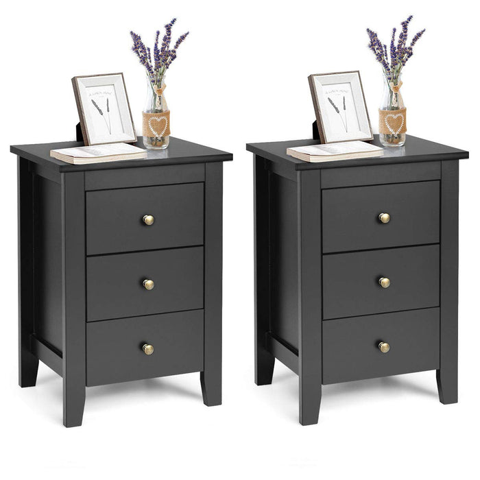Giantex 2Pcs Bedside Table, Nightstand w/ 3 Drawers & Solid Wood Legs