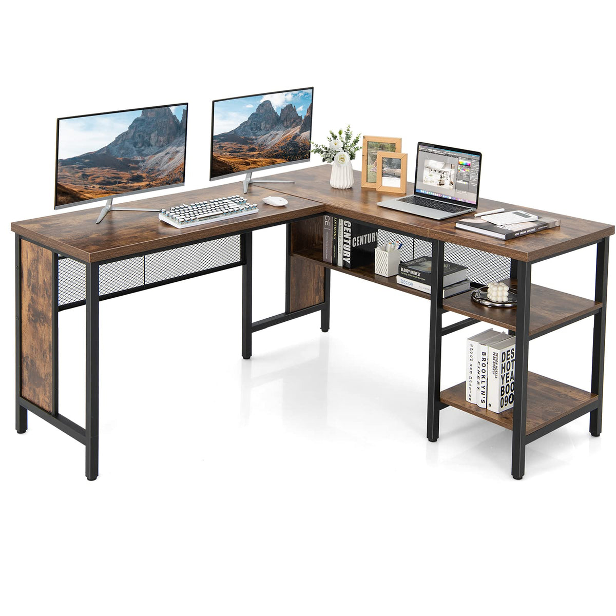 L-Shaped Office Desk, 59” Large Corner Desk, Full-Length Open Shelf & 2-Tier Side Shelves, Rustic Brown