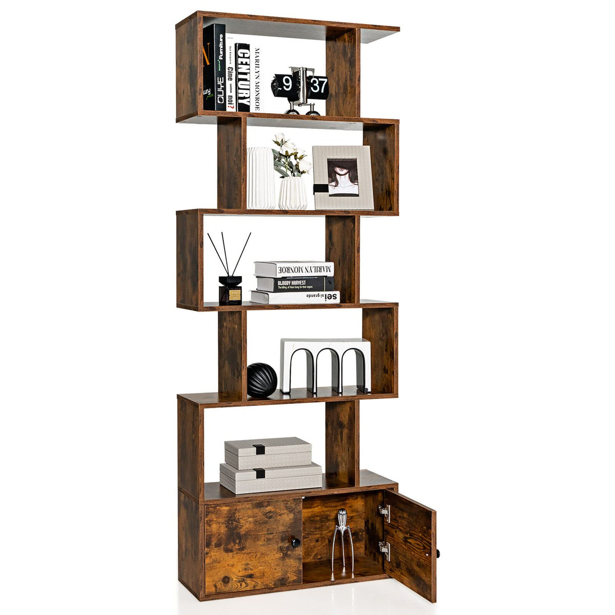 Giantex S-Shaped Bookcase, 6-Tier Bookshelf with Doors and Cabinet