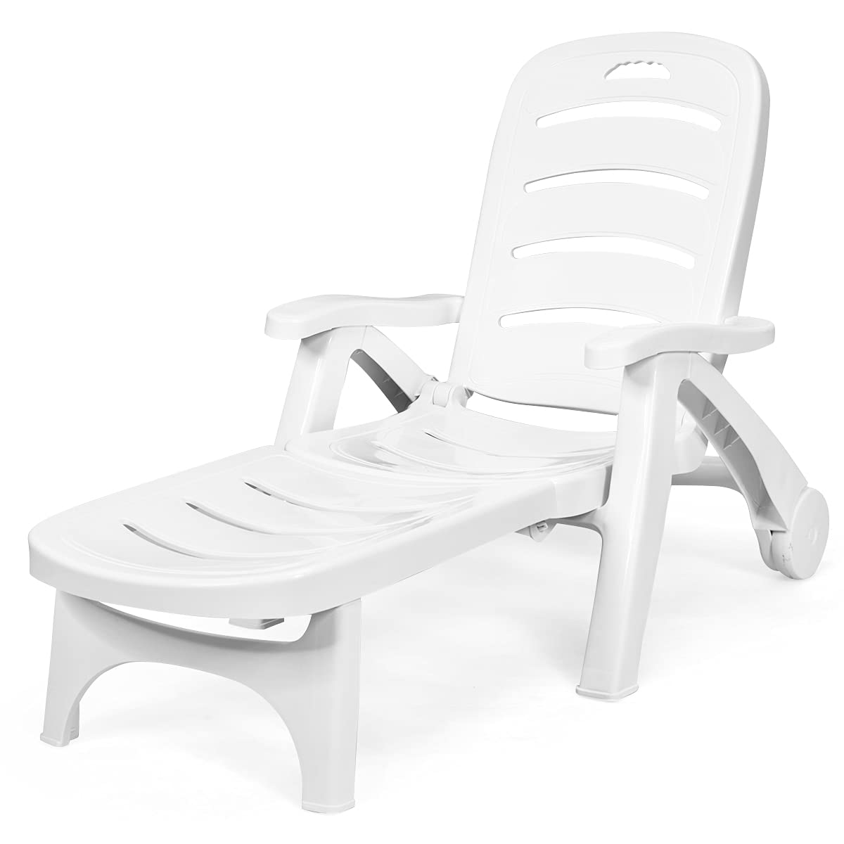 Giantex Folding Camping Lounge Chair, Portable Rolling Recliner w/Wheels, 5 Adjustable Positions, White