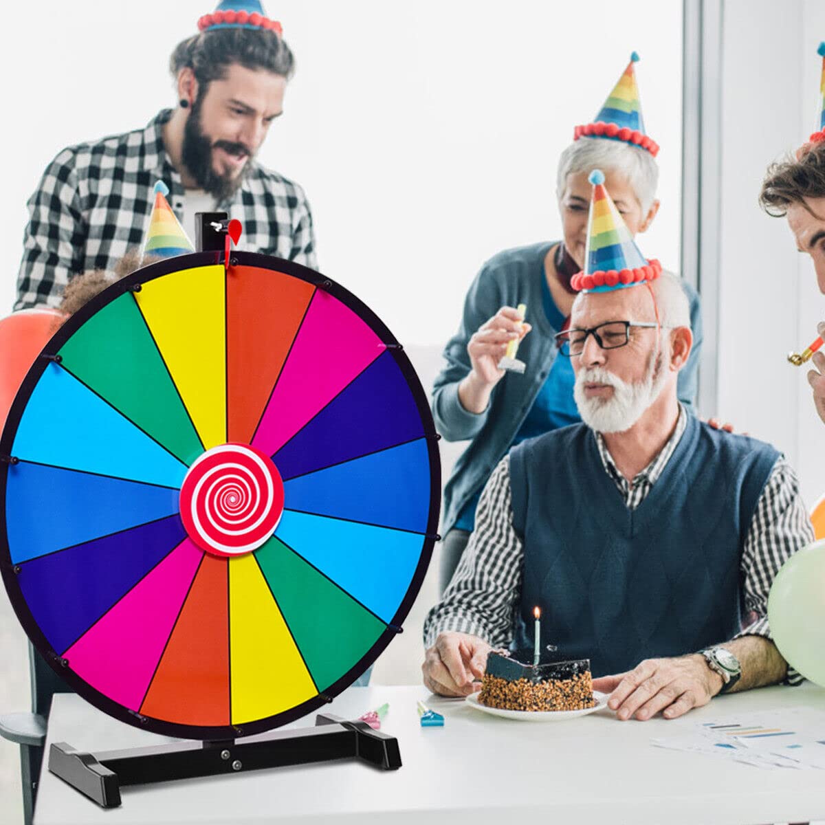 18" Tabletop Spinning Prize Wheel, Editable Color Prize Wheel of Fortune, Rainbow Prize Wheel with Solid Metal Base