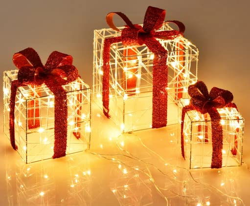 LED Christmas Lighted Boxes, 3 Set Pre-Lit Light up Xmas Gift Boxes