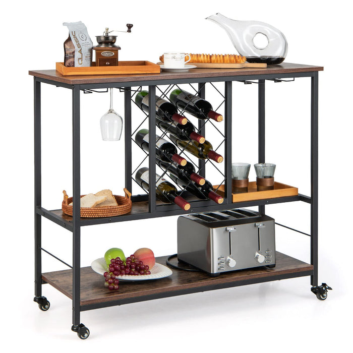 Giantex 3-Tier Bar Wine Rack Table, Industrial Kitchen Island Cart with 8-Bottle Wine Rack , Rustic Brown