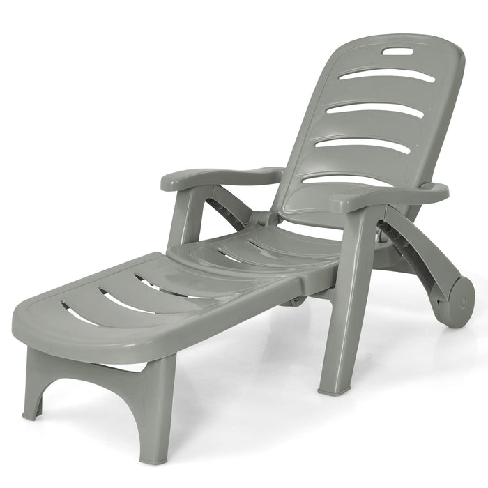 Folding Camping Lounge Chair, Portable Rolling Recliner w/Wheels, Gray