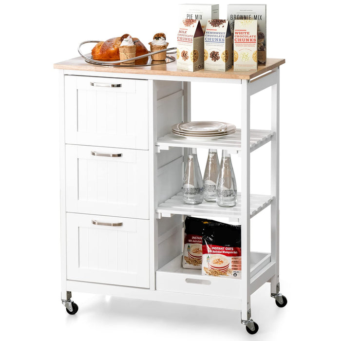 Giantex Kitchen Island on Wheel with Storage, Multi-purpose Rolling Cart w/ Rubber Wood Countertop, 3 Drawers