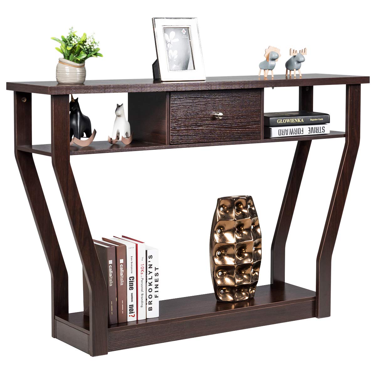 Giantex 120 CM Multi-Function Console Table, 3-Tier Accent Sofa Table w/Shelf & Drawer, Curved Legs, Modern Hall Table