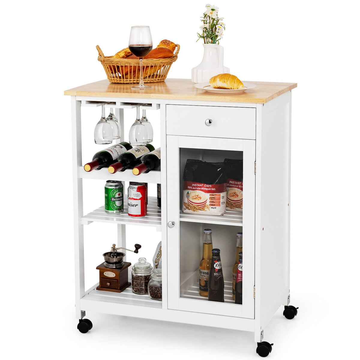 Giantex Kitchen Island Trolley Storage Cart Cabinet w/Shelf & Wine Rack & Drawer