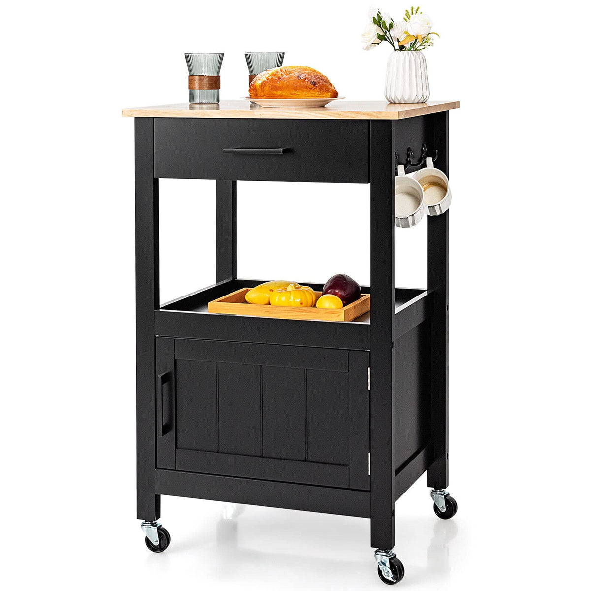 Giantex Small Kitchen Island Cart on Wheels, Rolling Kitchen Island w/ Rubber Wood Top, Black