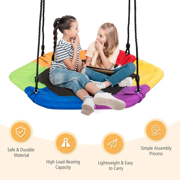 Kids Hexagonal Saucer Tree Swing Set, Colorful Flower Shape, Indoor Outdoor Play Set with Easy Installation Process