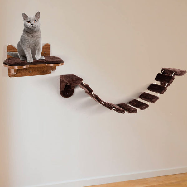 Wall Mounted Cat Step Shelves, Cat Climbing Bridge w/ Fixed Brackets, Stairway, Detachable Mat