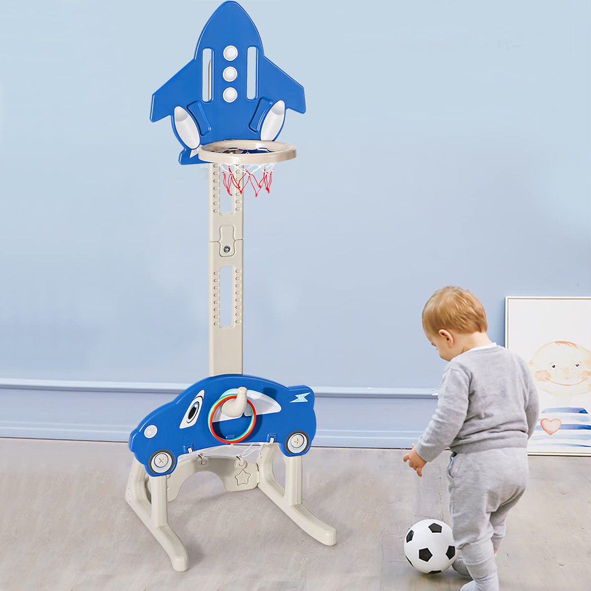 Kids Basketball Set, 3 In 1 Toddler Basketball Hoop Stand Kit, Adjustable Height, w/1 Football & 1 Basketball & 3 Rings