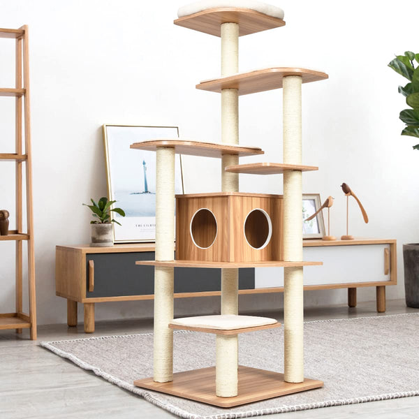 Cat Tree, Wooden Cat Tower with 6-Layer Platform, Sisal Rope Scratching Posts