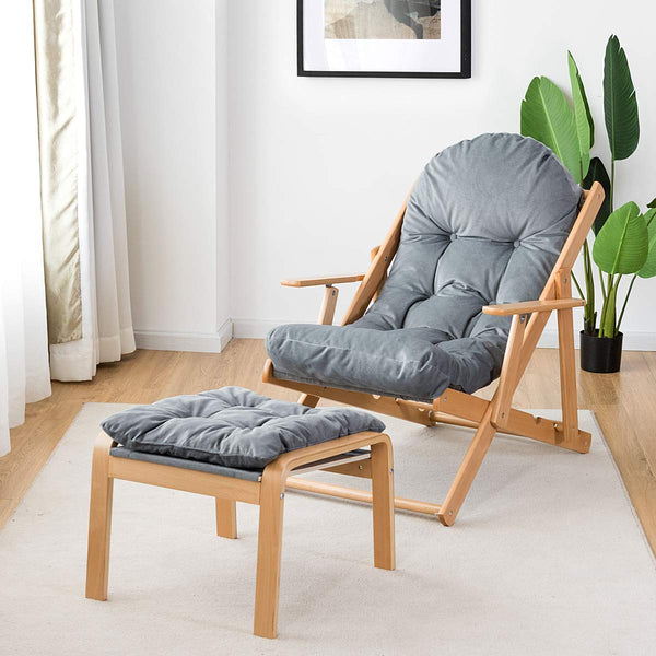 Recliner Armchair w/ Footrest Stool Ottoman, 3-Position Adjustable Chaise Lounge, Sturdy Wooden Frame