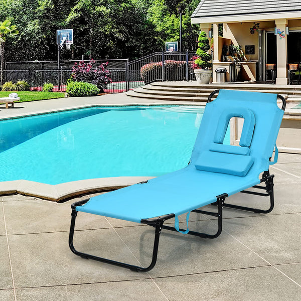 Reclining Camping Lounger Chair w/5 Adjustable Positions, Convenient Hole (Turquoise)