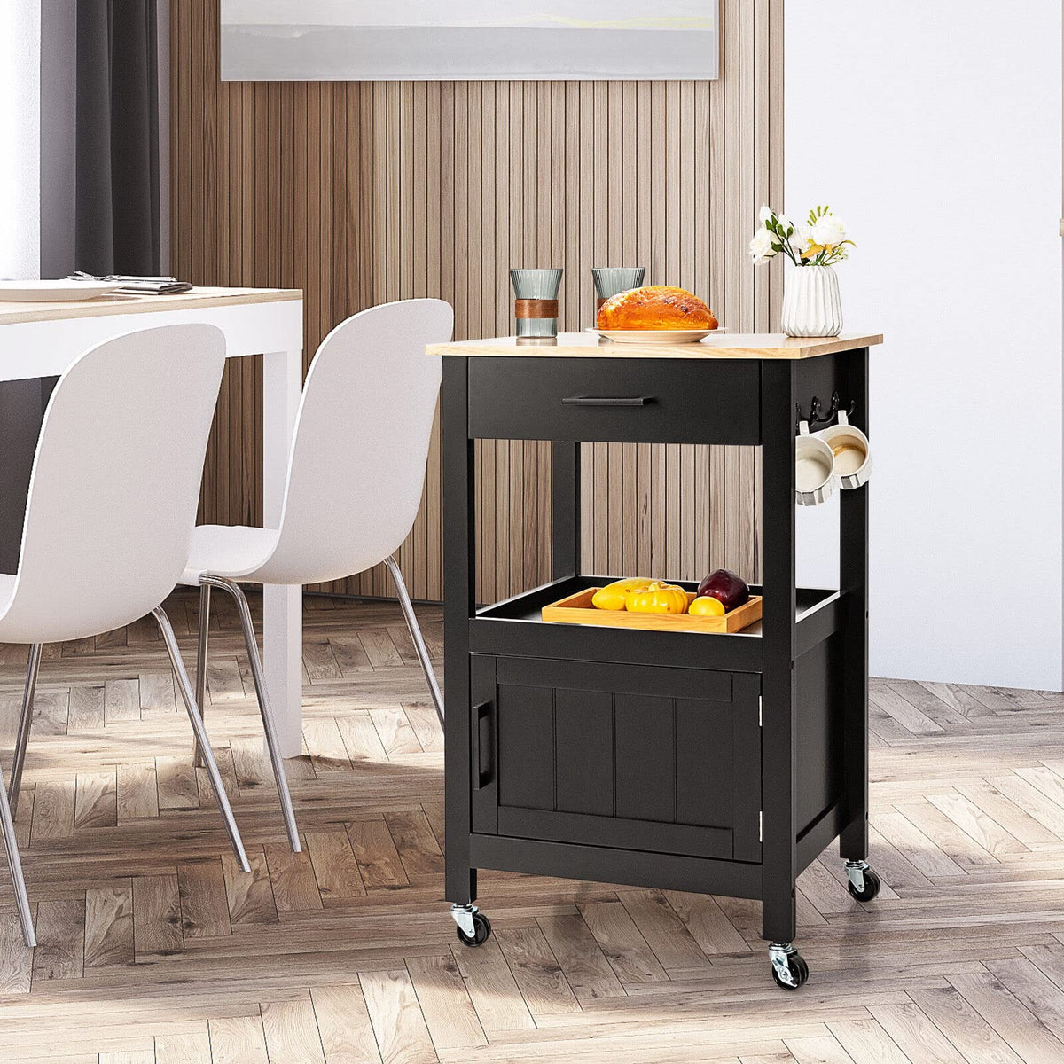 Giantex Small Kitchen Island Cart on Wheels, Rolling Kitchen Island w/ Rubber Wood Top, Black