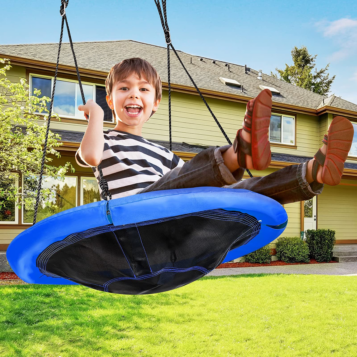 Nest Tree Swing, 100CM Round Hammock Swing w/ Adjustable Hanging Ropes, Blue