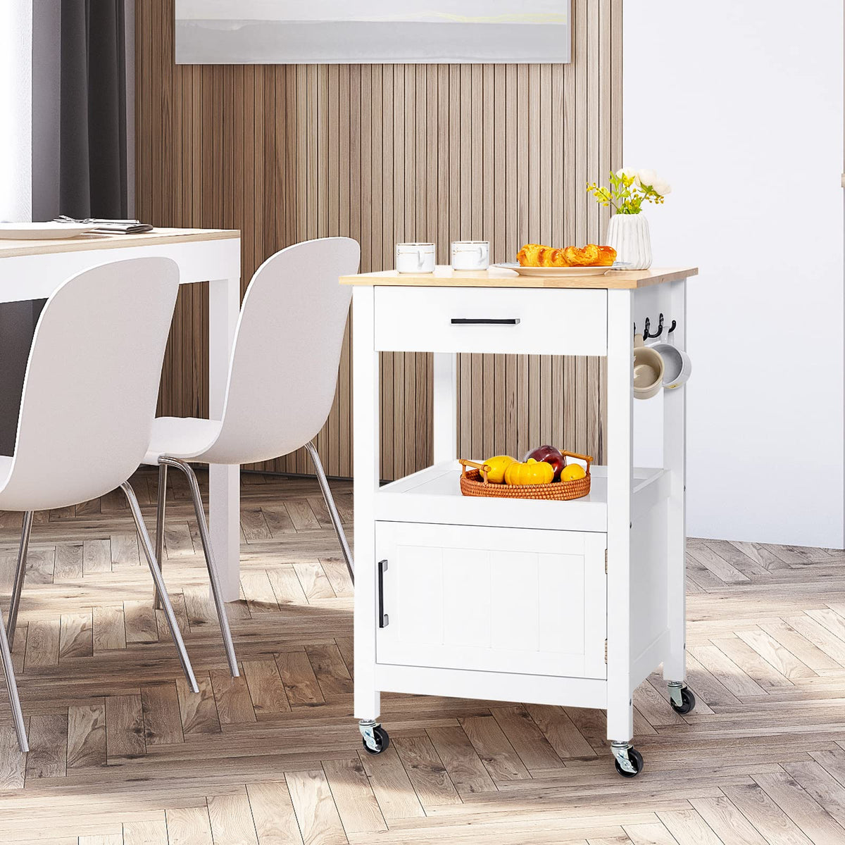 Giantex Small Kitchen Island Cart on Wheels, Rolling Kitchen Island w/ Rubber Wood Top, White