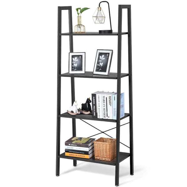 Giantex 4-Tier Ladder Bookshelf, Metal Storage Shelf Rack Display Bookshelf, Wood Look Flower Stand Shelf