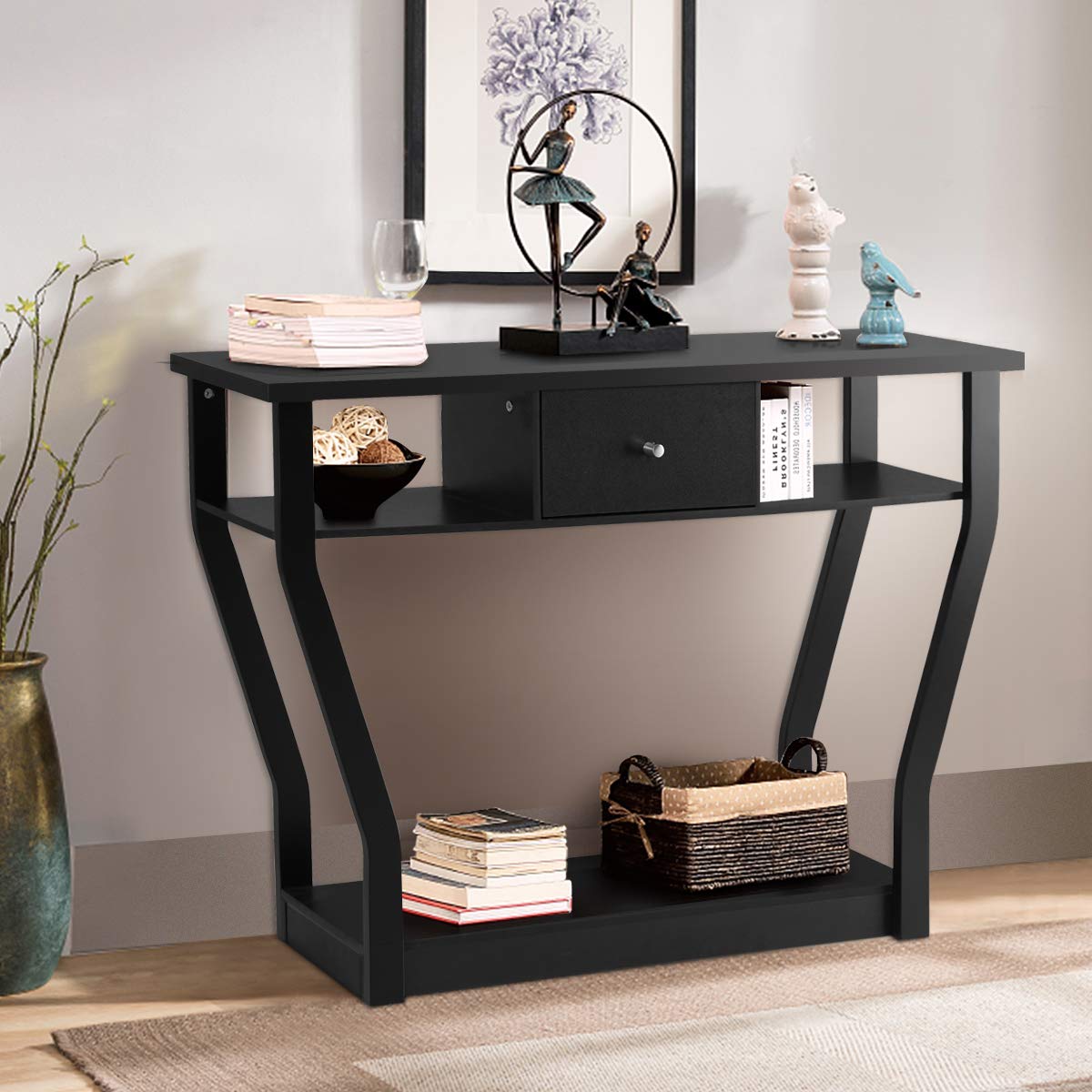 Giantex 120 CM Multi-Function Console Table, 3-Tier Accent Sofa Table w/Shelf & Drawer, Curved Legs, Modern Hall Table