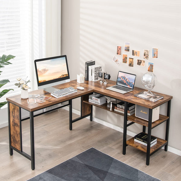 L-Shaped Office Desk, 59” Large Corner Desk, Full-Length Open Shelf & 2-Tier Side Shelves, Rustic Brown