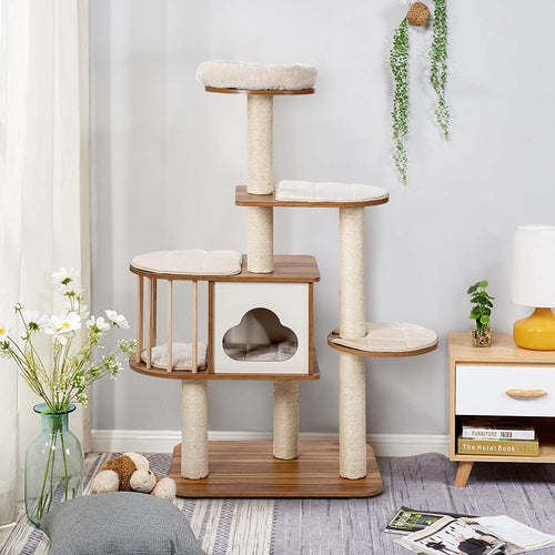 Cat Tree Tower, Large Wood Cat Climbing Condos Stand, w/4 Level Activities Platform