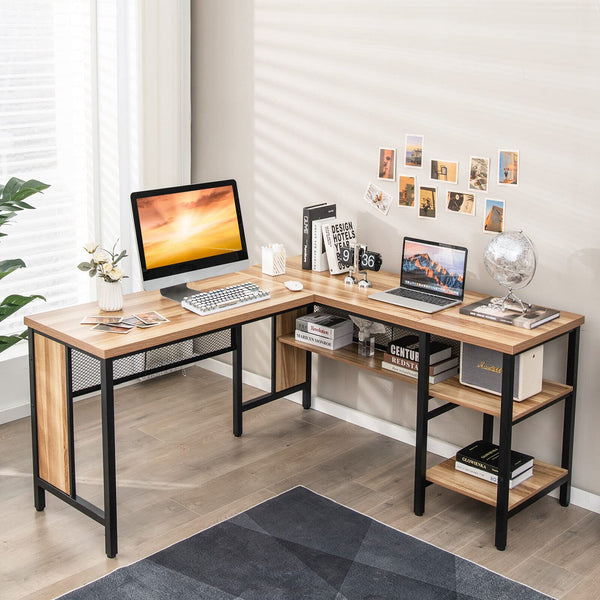 Giantex L-Shaped Office Desk, Large Corner Desk with Full-Length Open Shelf & 2-Tier Side Shelves, Rustic Oak