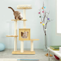 Cat Tree Tower, Large Wood Cat Climbing Condos, Natural Sisal Scratching Posts, Comfortable Cushions