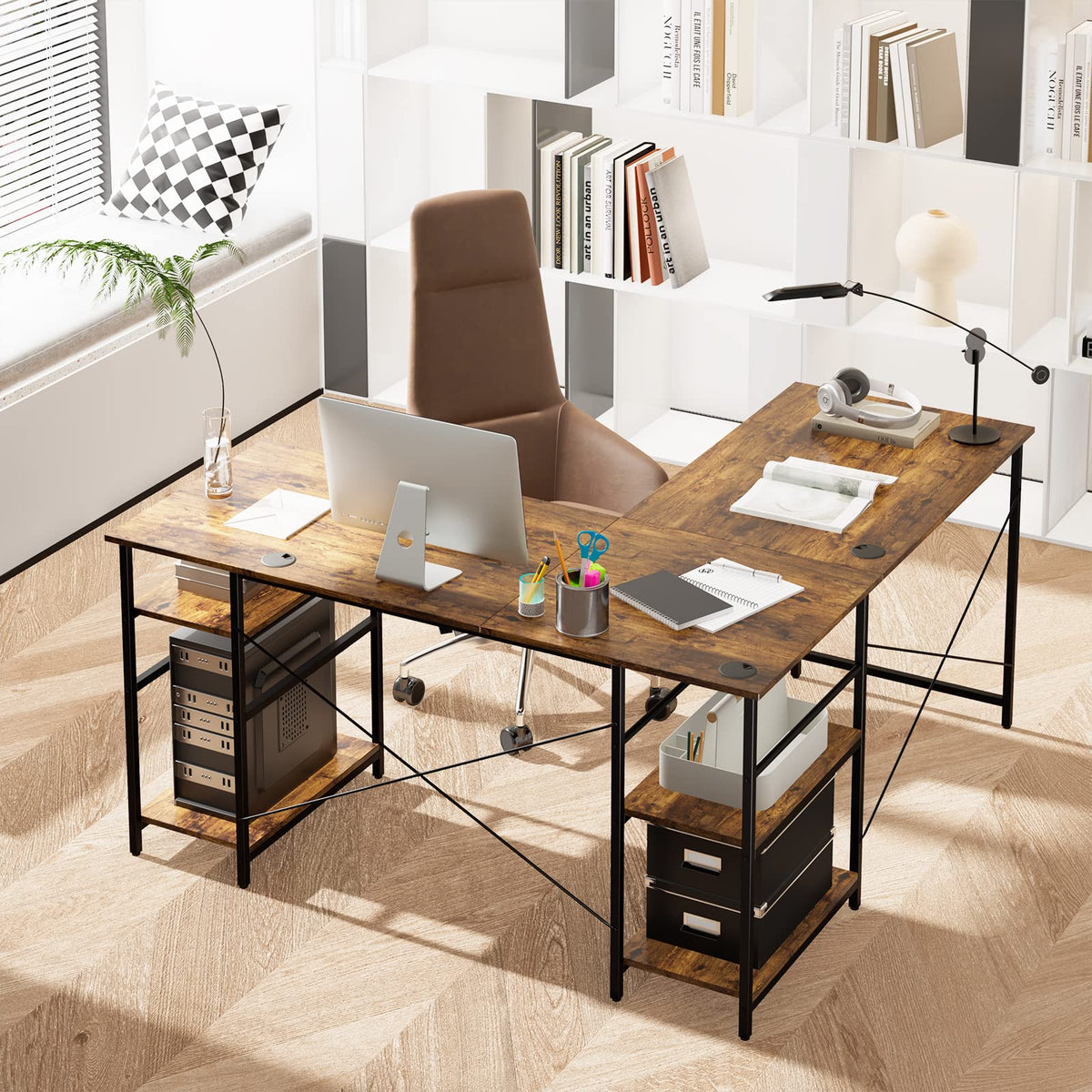Giantex L Shaped Desk With Storage Shelves 242cm Wooden Corner Desk Giantex l shaped desk with storage shelves 242cm wooden corner desk