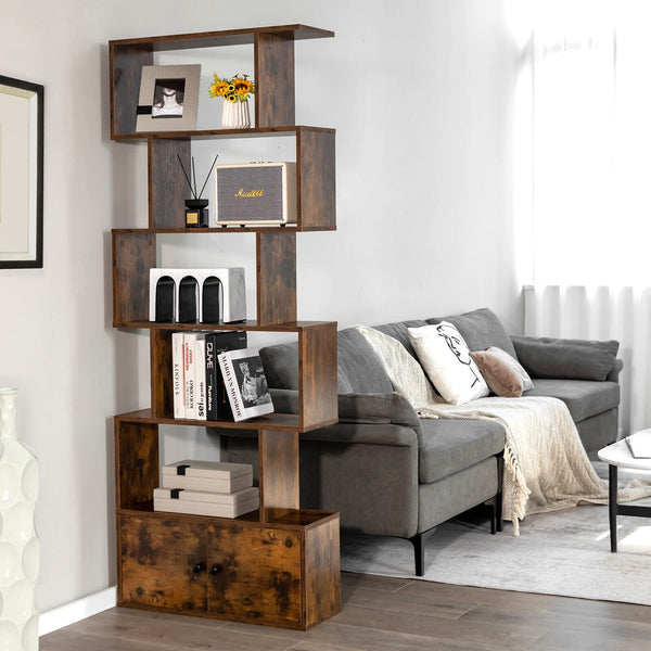 Giantex S-Shaped Bookcase, 6-Tier Bookshelf with Doors and Cabinet
