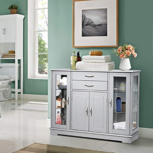 Buffet Cabinet, Sideboard w/Glass Doors, 2 Drawers & 3 Cabinets, Wooden Kitchen Cupboard