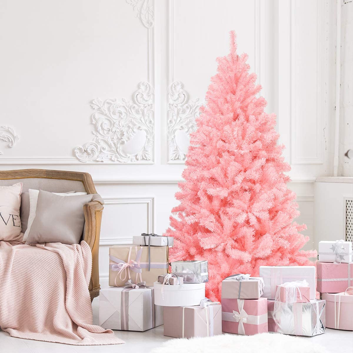 1.8M Pink Artificial Christmas Tree, Hinged Full Tree