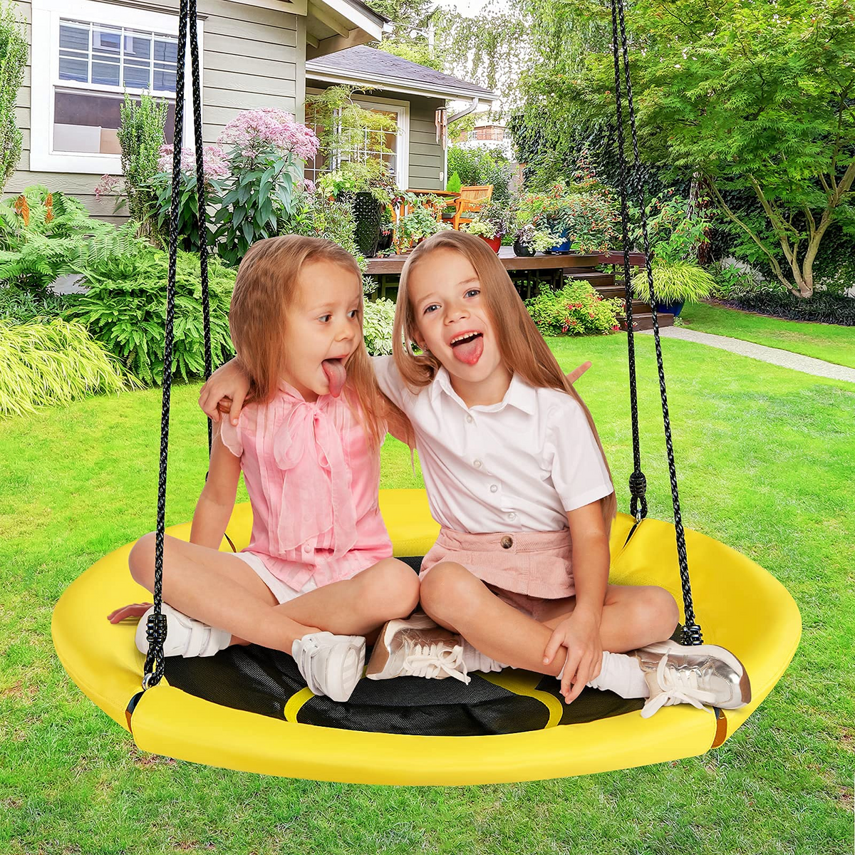 Nest Tree Swing, 100CM Kids Round Swing w/Adjustable Hanging Ropes, Yellow