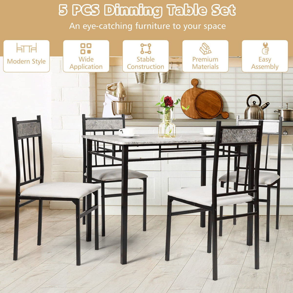 Giantex 5-Piece Dining Table Set w/Sturdy Metal Frame Table & 4 High-Back Chairs