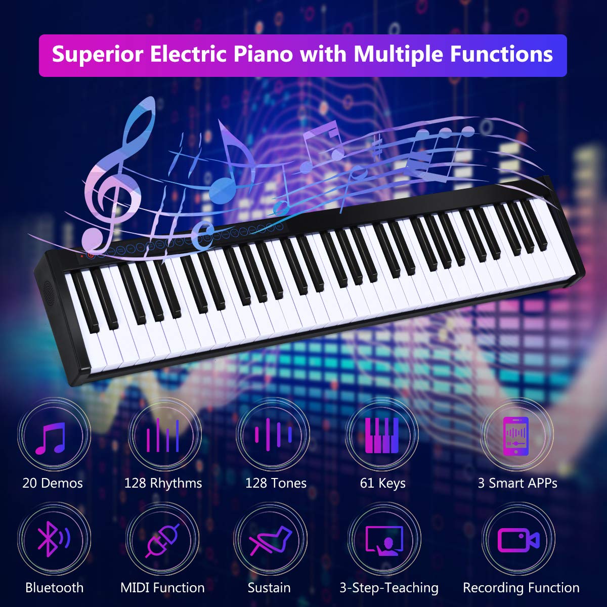 Giantex 61 Keys Portable Electronic Digital Piano Keyboard Cordless Electric Music MIDI (Black)