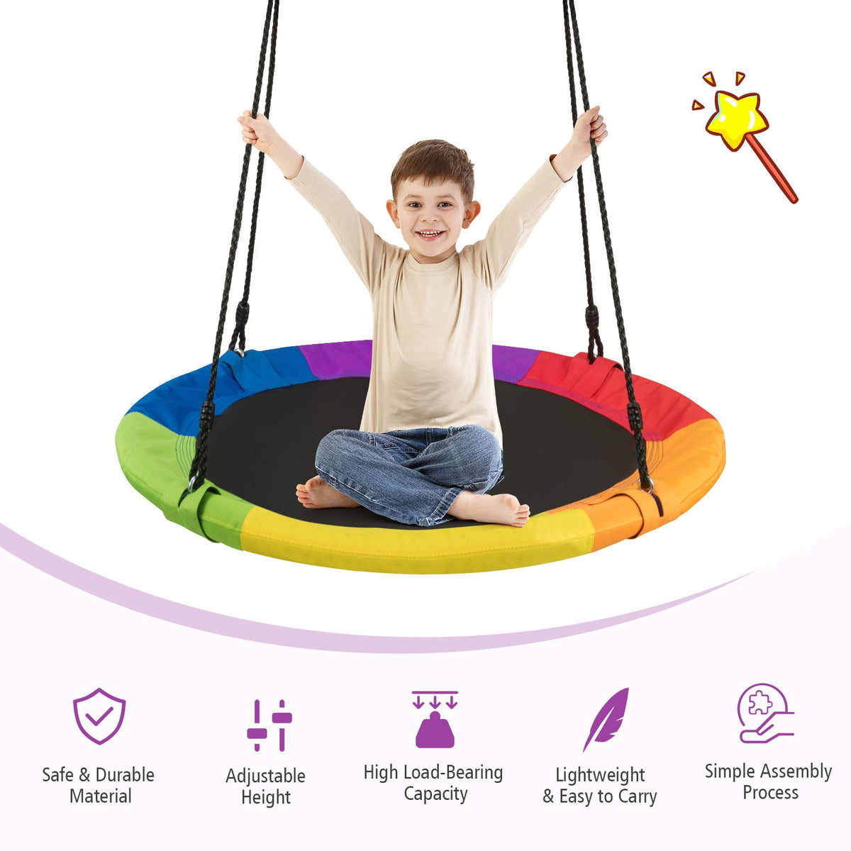 102CM Kids Tree Swing Saucer, Strengthen Hanging Tree Swing w/ Multi-ply Rope & 2 Tree Hanging Straps(Strengthen Colorful)