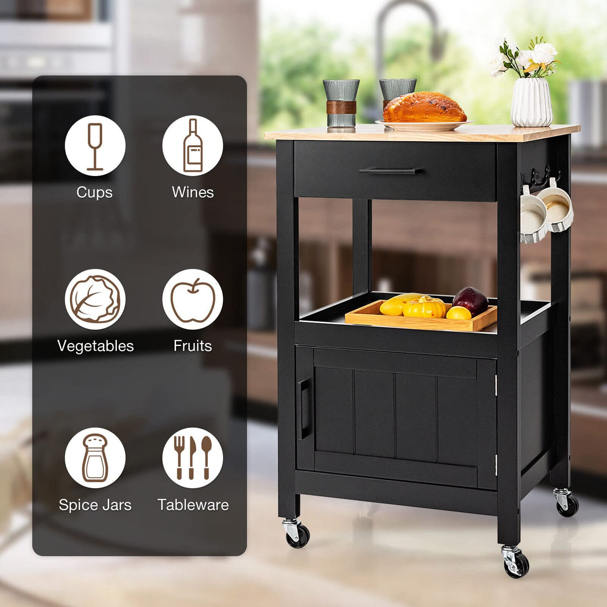 Giantex Small Kitchen Island Cart on Wheels, Rolling Kitchen Island w/ Rubber Wood Top, Black