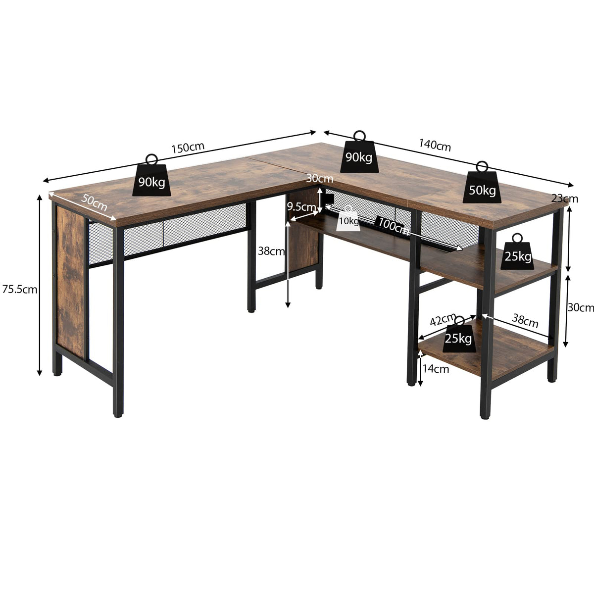 L-Shaped Office Desk, 59” Large Corner Desk, Full-Length Open Shelf & 2-Tier Side Shelves, Rustic Brown