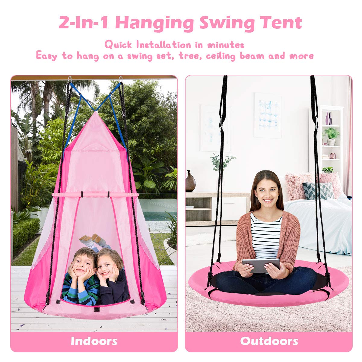 100cm Kids Detachable Hanging Tree Swing Tent, 2 in 1 Design Flying Swing & Nest swing Chair for Having Fun, Pink