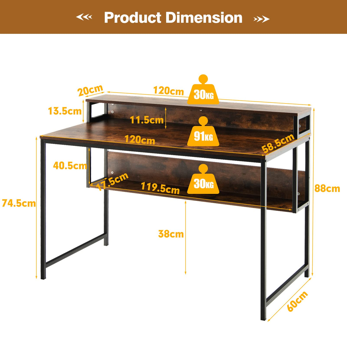 Giantex Industrial Computer Desk w/Monitor Shelf & Bookshelf