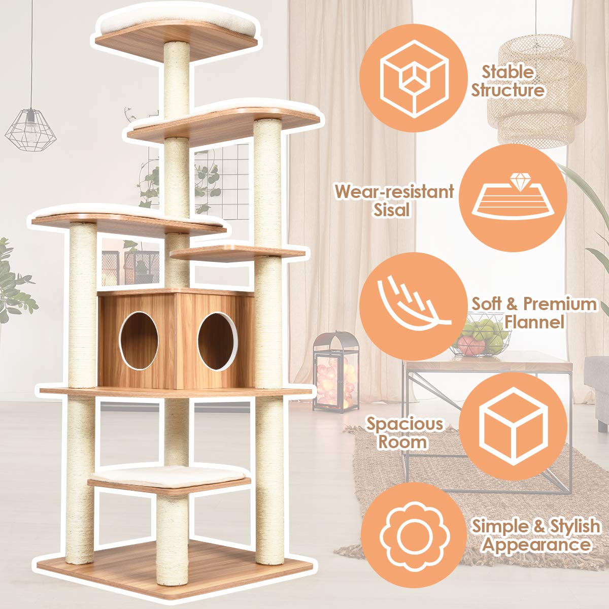 Cat Tree, Wooden Cat Tower with 6-Layer Platform, Sisal Rope Scratching Posts