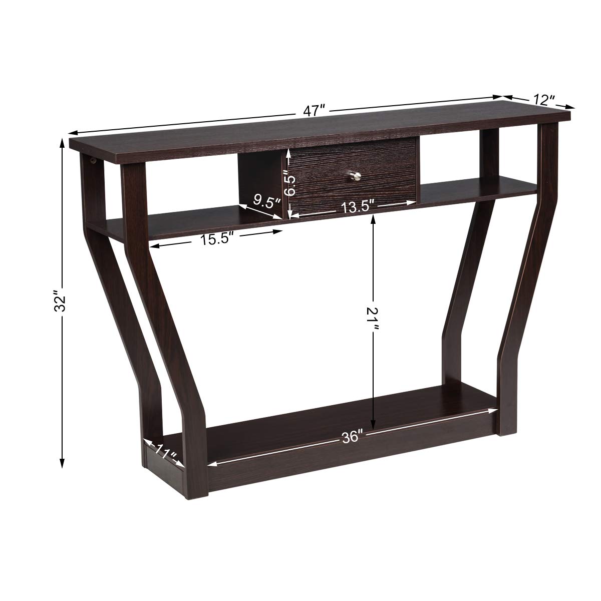 Giantex 120 CM Multi-Function Console Table, 3-Tier Accent Sofa Table w/Shelf & Drawer, Curved Legs, Modern Hall Table