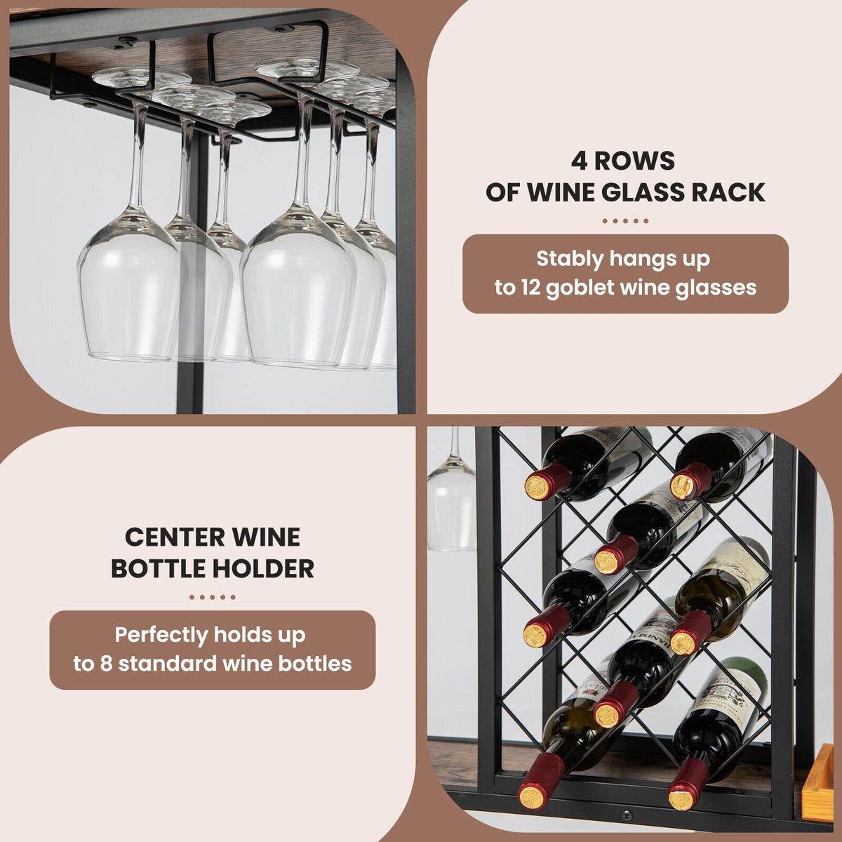 Giantex 3-Tier Bar Wine Rack Table, Industrial Kitchen Island Cart with 8-Bottle Wine Rack , Rustic Brown