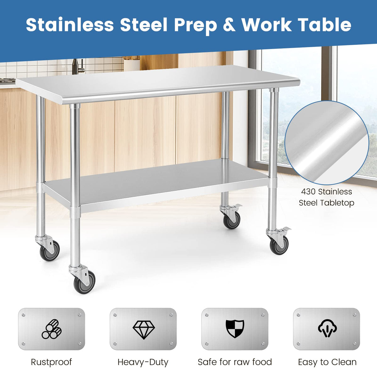 Giantex Stainless Steel Workbench, Prep Work Table, Adjustable Bottom Shelf