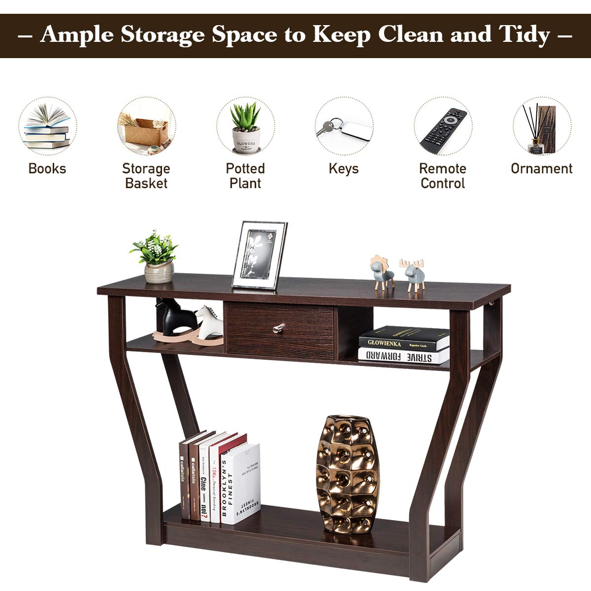 Giantex 120 CM Multi-Function Console Table, 3-Tier Accent Sofa Table w/Shelf & Drawer, Curved Legs, Modern Hall Table