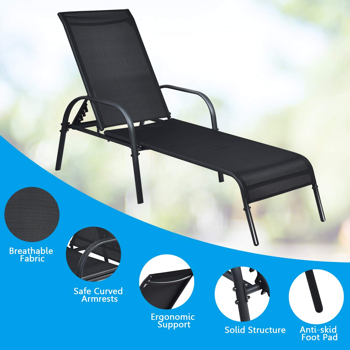 Giantex Outdoor Chaise Lounge, Folding Patio Recliner Chair with 5-Level Adjustable Angles