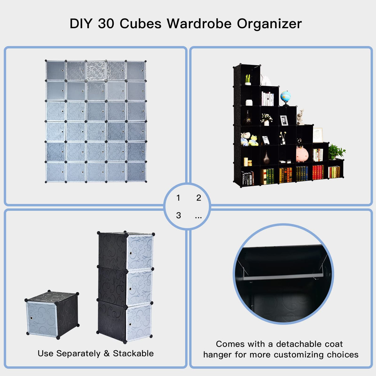 Modular Cabinet, 20/30-Cube Storage Organiser, DIY Plastic Cube Closet Bookcase Unit(30 Cubes)