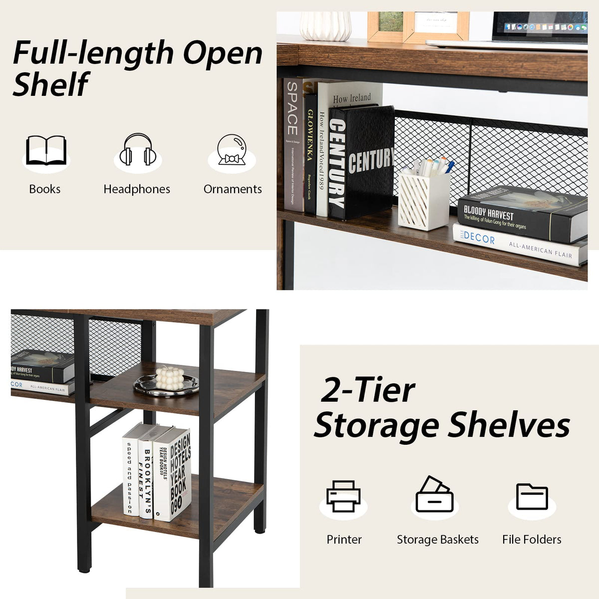 L-Shaped Office Desk, 59” Large Corner Desk, Full-Length Open Shelf & 2-Tier Side Shelves, Rustic Brown