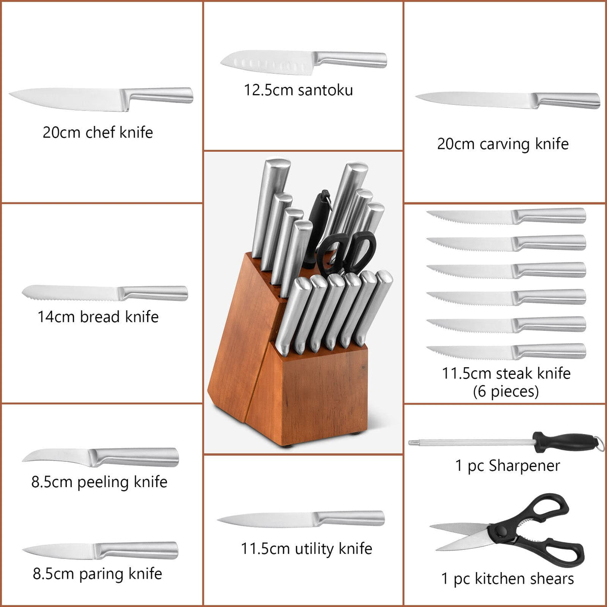 Giantex 16Pcs Kitchen Knife Set w/Wooden Block, Professional Chef Knife Block Set w/Full Tang Stainless Steel Forged Blade