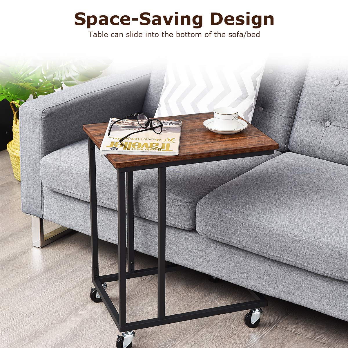Giantex Industrial Side Table, Mobile Sofa End Table Vintage Accent C-Shaped Table